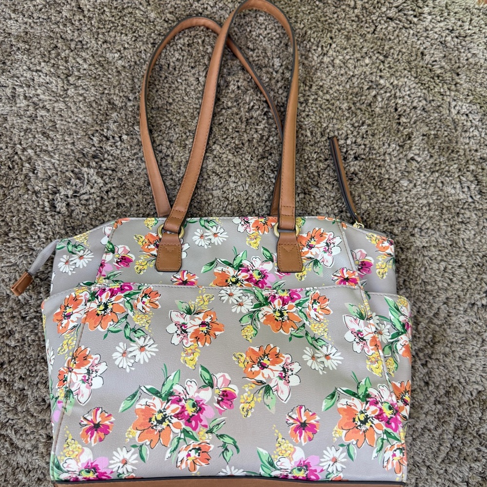 Rosetti floral print shoulder bag with a gray base and a brown strap - Picture 2 of 9